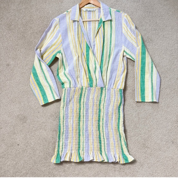 Zara Mini Dress Shirred Skirt Pastel Stripe Long Sleeve Cotton Mini Dress Large - Picture 14 of 15